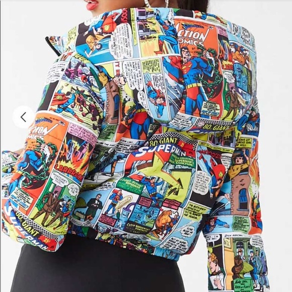 Superman Comic Print Puffer Jacket Size 